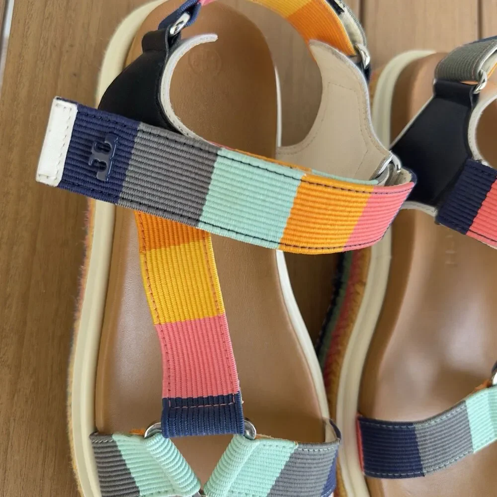 Tory Burch Sport Strappy Sandals Women 8.5M Nylon Webbing Leather Platform Multi